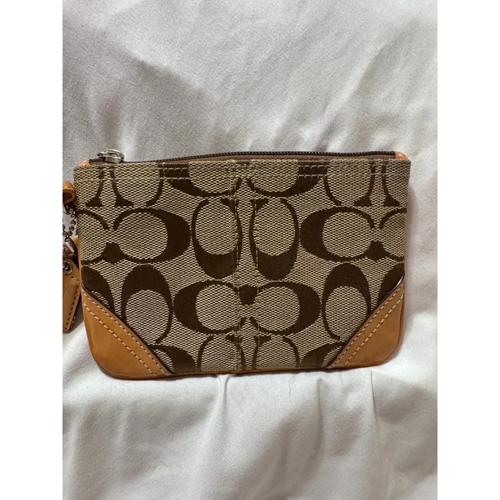 Coach Signature Jacquard Wristlet Khaki Brown Tan Leather Trim Small Pouch